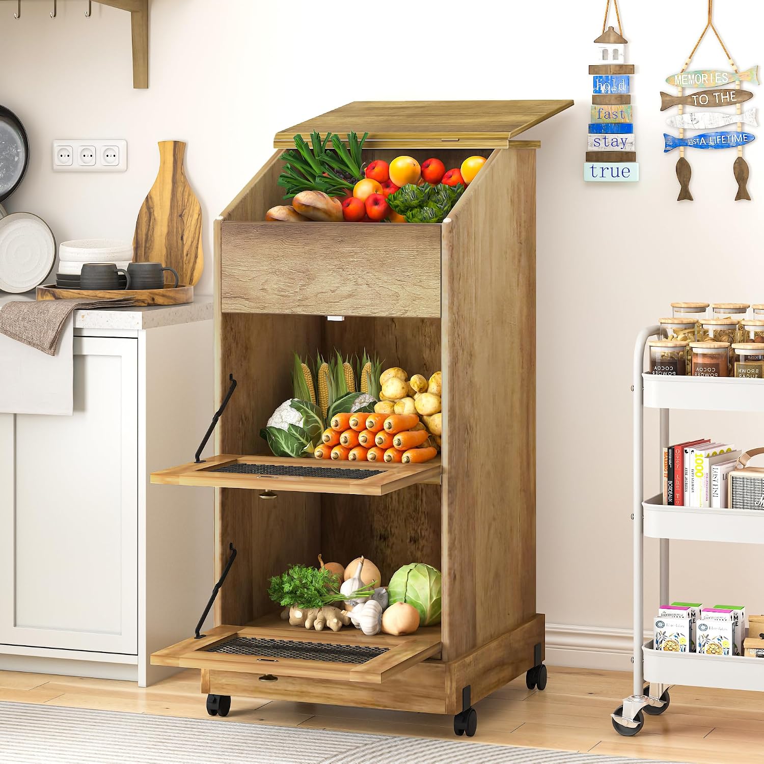 Food Storage On Wheels - خزائن تخزين البطاطس الخشبية على عجلات،